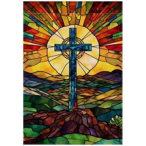 Stained Glass Cross Garden Flag Vibrant Sunrise Colors NEW